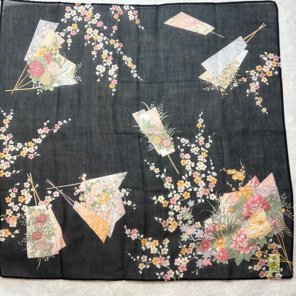 Vtg Scarf Handkerchief Floral Fan Cotton Black 16.5"